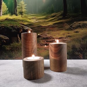 Ręcznie wykonane świeczniki z orzecha włoskiego – zestaw 3 szt. na tealight